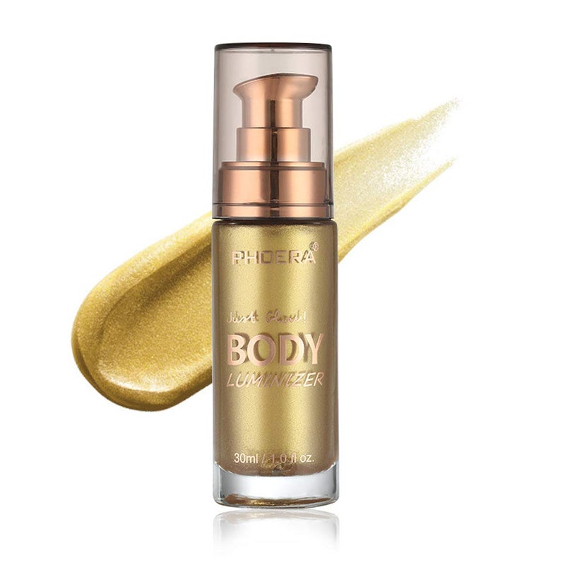 PHOERA High Gloss Waterproof Body Luminizer Glitter Face Shimmer Moisturizer Lotion Tan Cream Foundation Makeup Bronzer AQUAPURITY (102 Metallic Gold) - Image 1